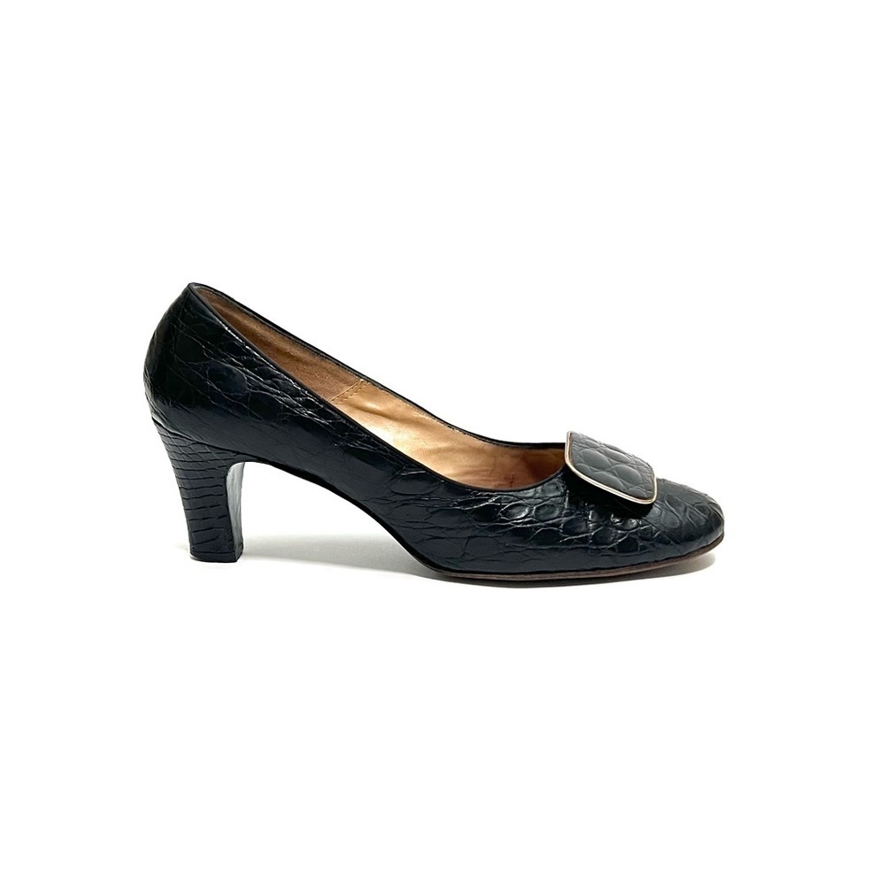 Vintage 1960s black crocodile leather oversize buckle pilgrim heels